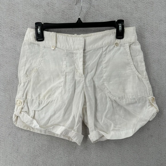 J.Crew 100% Linen Shorts Womens 2‎ White Roll Cuff Preppy Cuffed - Picture 1 of 12